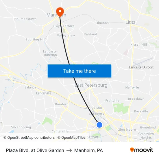 Plaza Blvd. at Olive Garden to Manheim, PA map