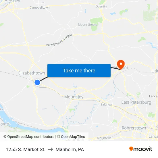 1255 S. Market St. to Manheim, PA map