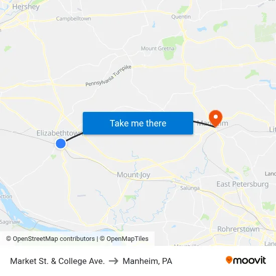 Market St. & College Ave. to Manheim, PA map