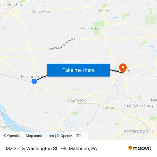 Market & Washington St. to Manheim, PA map
