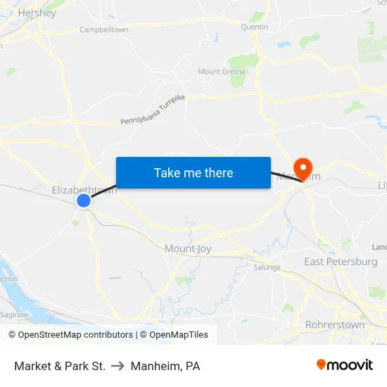 Market & Park St. to Manheim, PA map