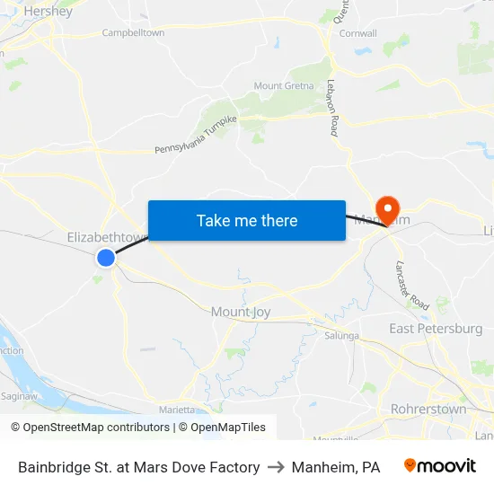 Bainbridge St. at Mars Dove Factory to Manheim, PA map