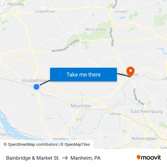 Bainbridge & Market St. to Manheim, PA map