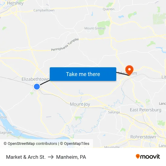 Market & Arch St. to Manheim, PA map