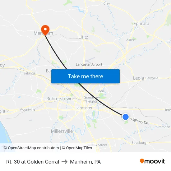 Rt. 30 at Golden Corral to Manheim, PA map