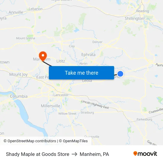 Shady Maple at Goods Store to Manheim, PA map