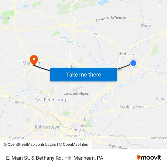 E. Main St. & Bethany Rd. to Manheim, PA map