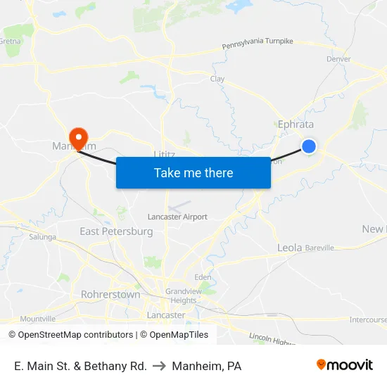 E. Main St. & Bethany Rd. to Manheim, PA map