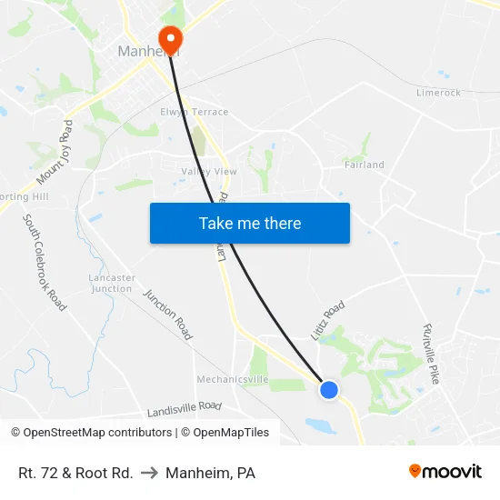 Rt. 72 & Root Rd. to Manheim, PA map