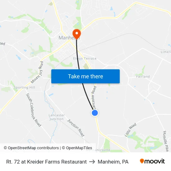 Rt. 72 at Kreider Farms Restaurant to Manheim, PA map