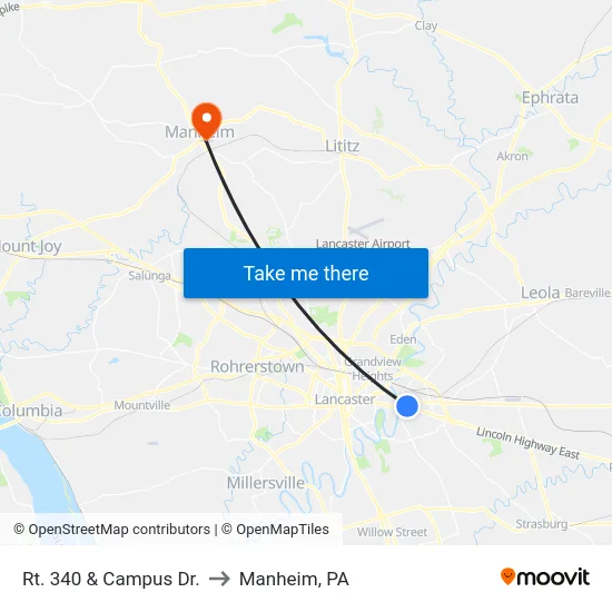 Rt. 340 & Campus Dr. to Manheim, PA map