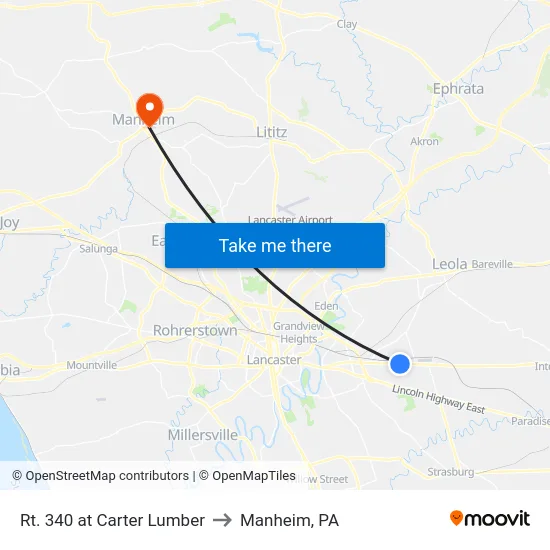 Rt. 340 at Carter Lumber to Manheim, PA map