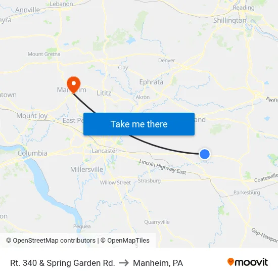 Rt. 340 & Spring Garden Rd. to Manheim, PA map