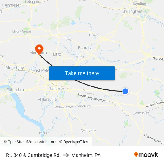 Rt. 340 & Cambridge Rd. to Manheim, PA map