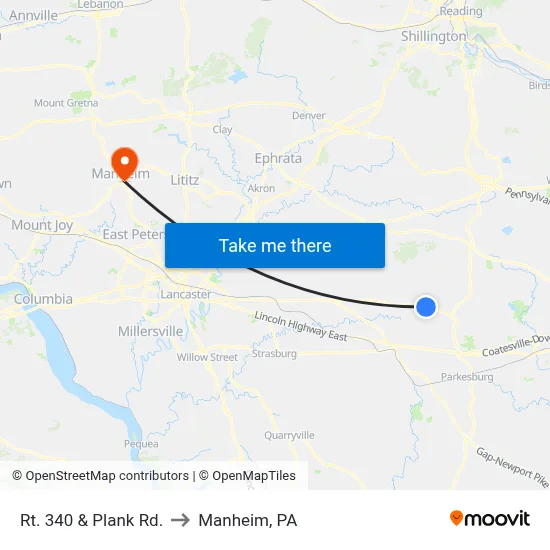 Rt. 340 & Plank Rd. to Manheim, PA map