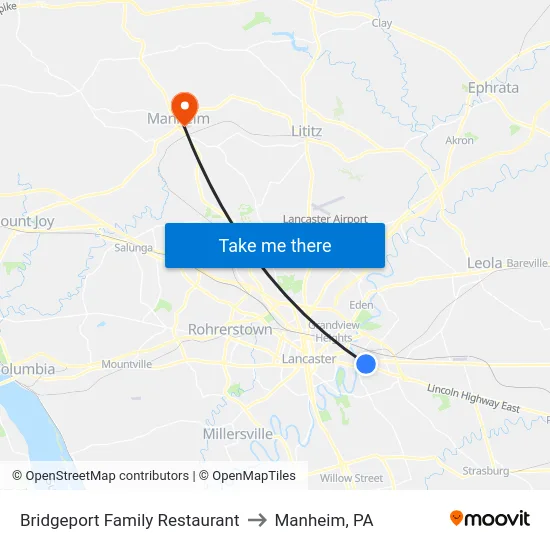 Bridgeport Family Restaurant to Manheim, PA map