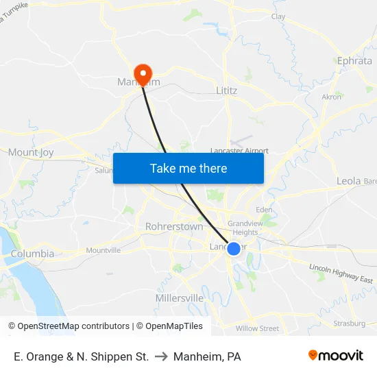 E. Orange & N. Shippen St. to Manheim, PA map