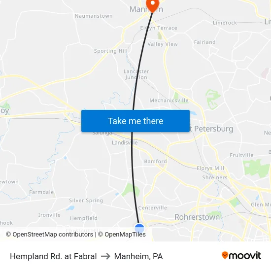 Hempland Rd. at Fabral to Manheim, PA map