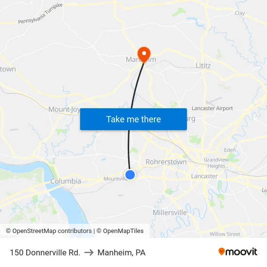 150 Donnerville Rd. to Manheim, PA map