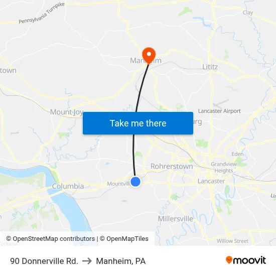 90 Donnerville Rd. to Manheim, PA map