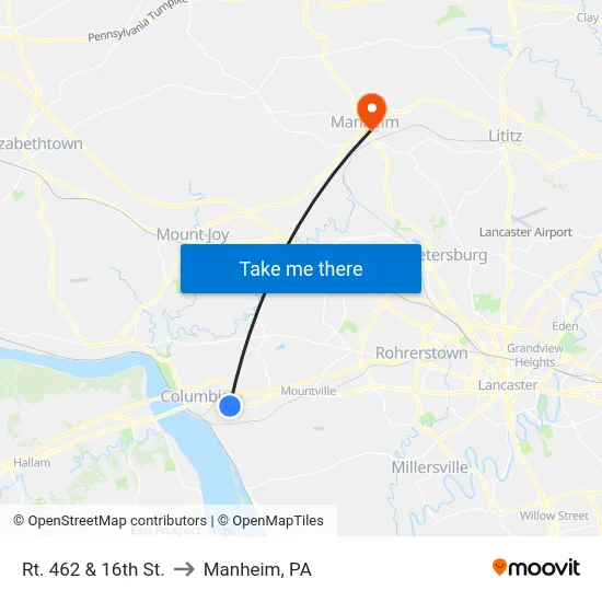 Rt. 462 & 16th St. to Manheim, PA map