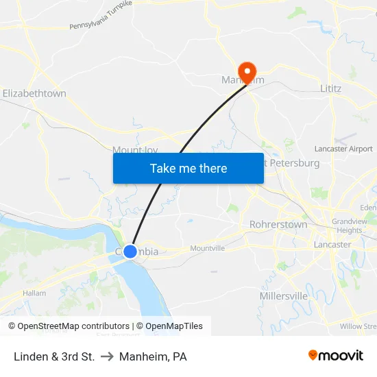 Linden & 3rd St. to Manheim, PA map