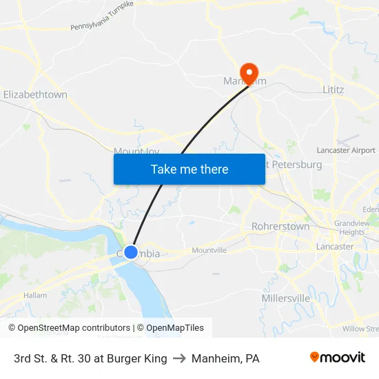 3rd St. & Rt. 30 at Burger King to Manheim, PA map