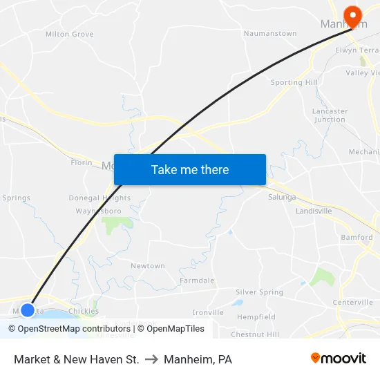 Market & New Haven St. to Manheim, PA map