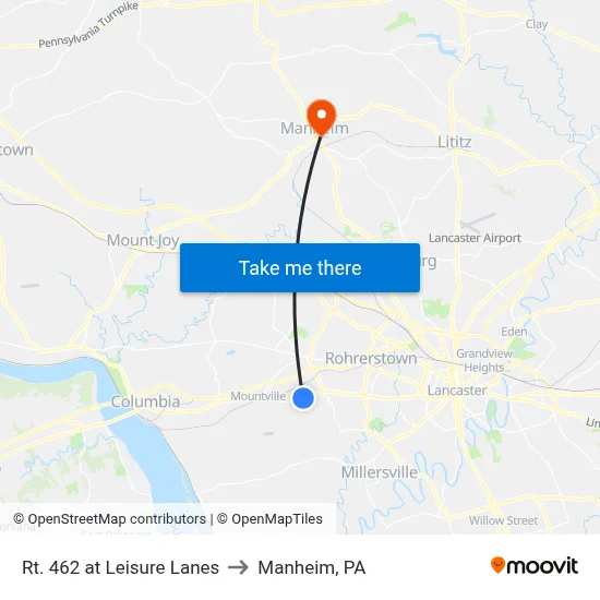 Rt. 462 at Leisure Lanes to Manheim, PA map