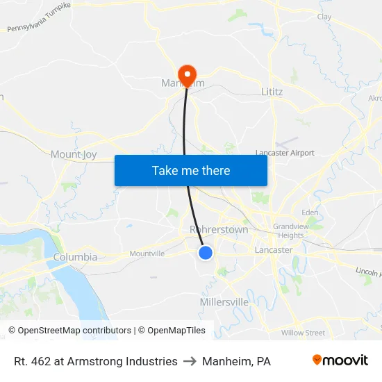 Rt. 462 at Armstrong Industries to Manheim, PA map