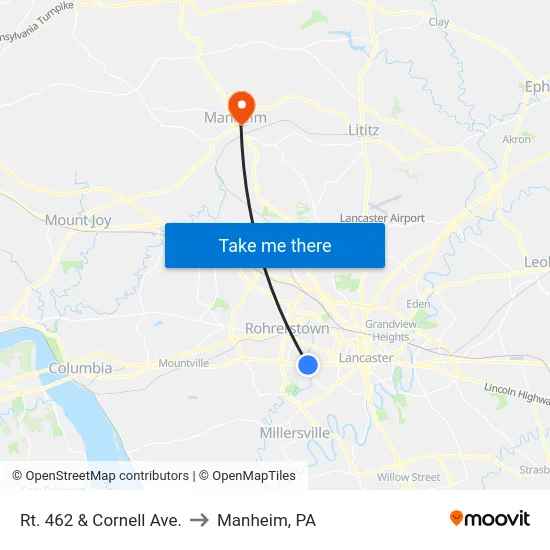 Rt. 462 & Cornell Ave. to Manheim, PA map