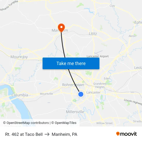 Rt. 462 at Taco Bell to Manheim, PA map