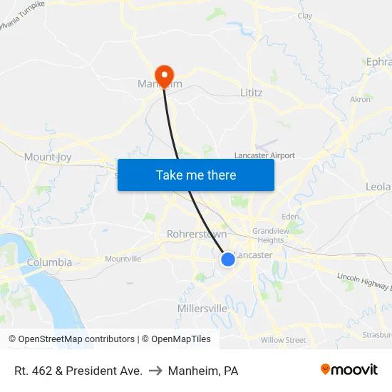 Rt. 462 & President Ave. to Manheim, PA map