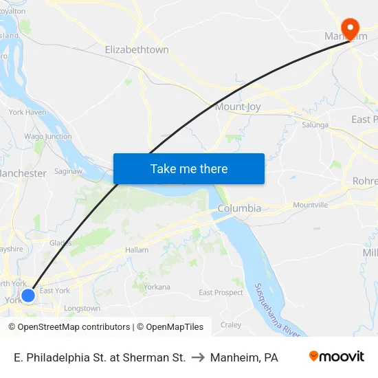 E. Philadelphia St. at Sherman St. to Manheim, PA map