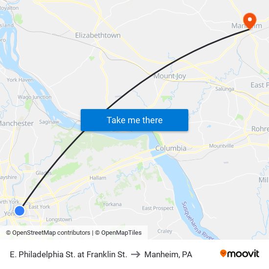 E. Philadelphia St. at Franklin St. to Manheim, PA map