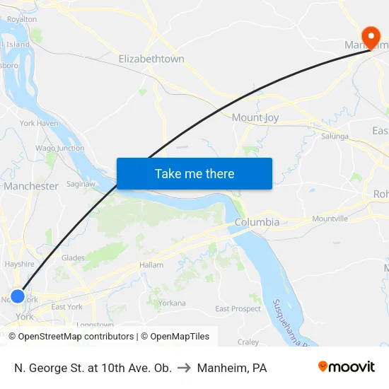 N. George St. at 10th Ave. Ob. to Manheim, PA map
