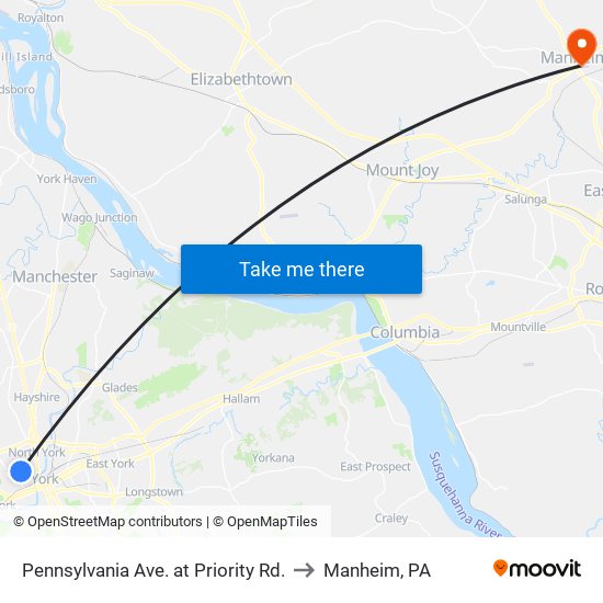 Pennsylvania Ave. at Priority Rd. to Manheim, PA map