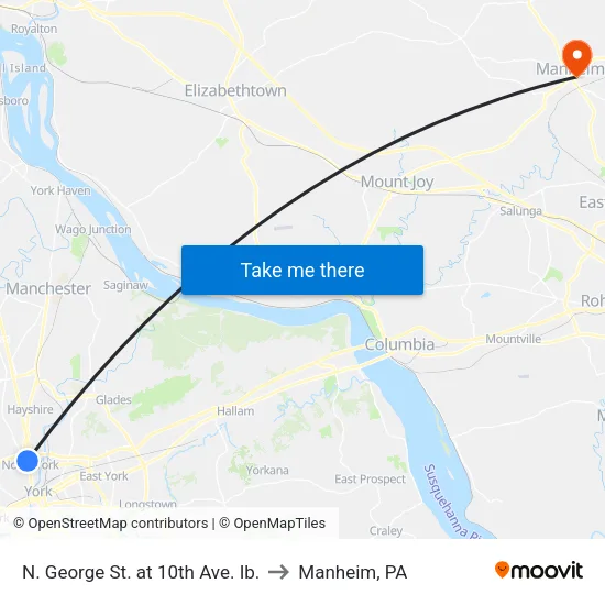 N. George St. at 10th Ave. Ib. to Manheim, PA map
