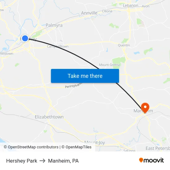 Hershey Park to Manheim, PA map