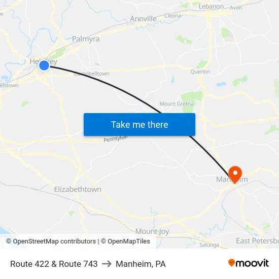 Route 422 & Route 743 to Manheim, PA map