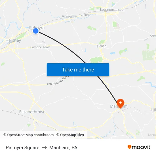 Palmyra Square to Manheim, PA map