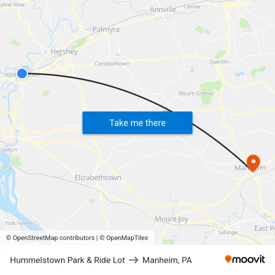 Hummelstown Park & Ride Lot to Manheim, PA map