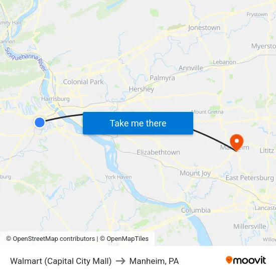 Walmart (Capital City Mall) to Manheim, PA map