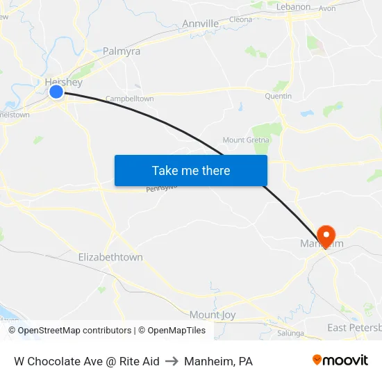 W Chocolate Ave @ Rite Aid to Manheim, PA map