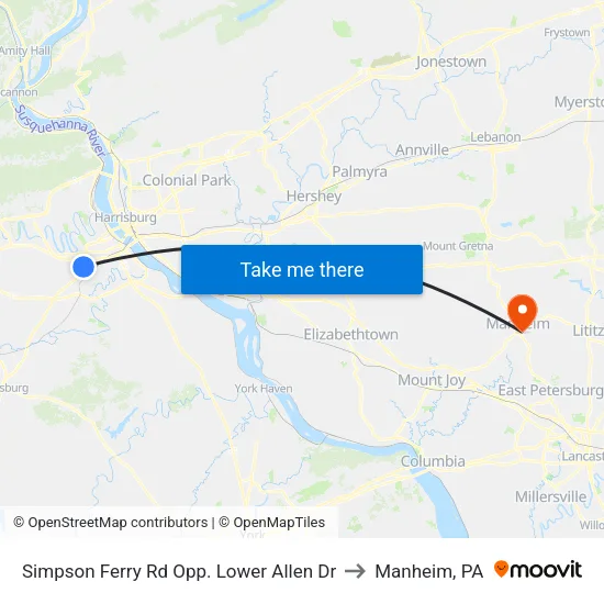 Simpson Ferry Rd & Lower Allen Dr Wb to Manheim, PA map