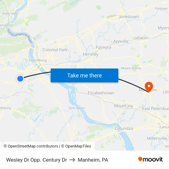 Wesley Dr & Century Dr Wb to Manheim, PA map