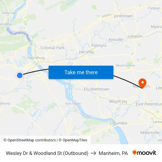 Wesley Dr & Woodland St Wb to Manheim, PA map