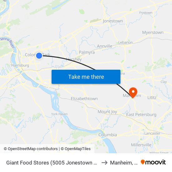 Giant Food Stores (5005 Jonestown Road) to Manheim, PA map