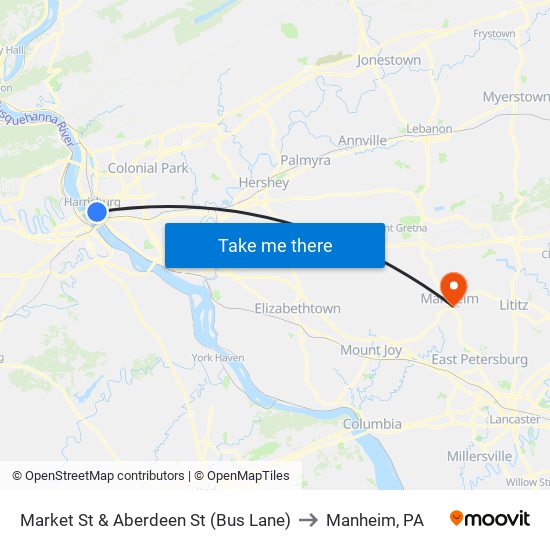 Market St & Aberdeen St (Bus Lane) to Manheim, PA map