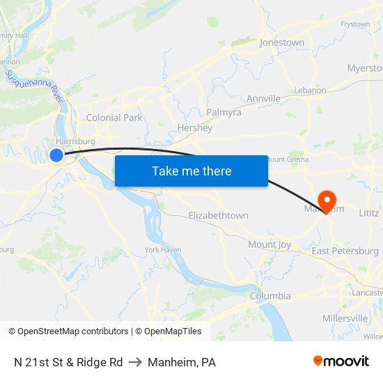 N 21st St & Ridge Rd to Manheim, PA map